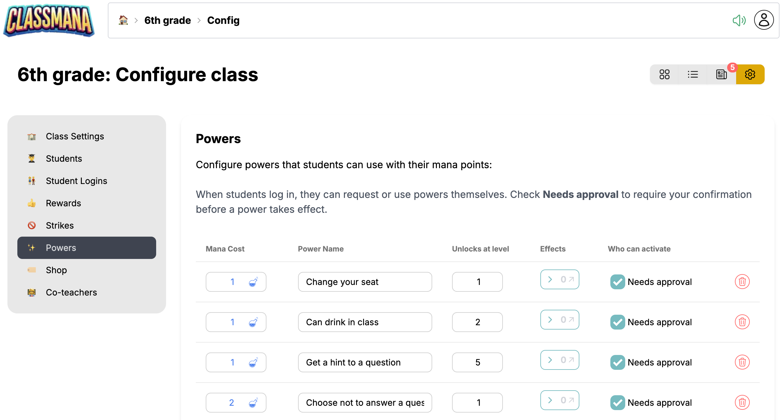 Pannello di configurazione poteri