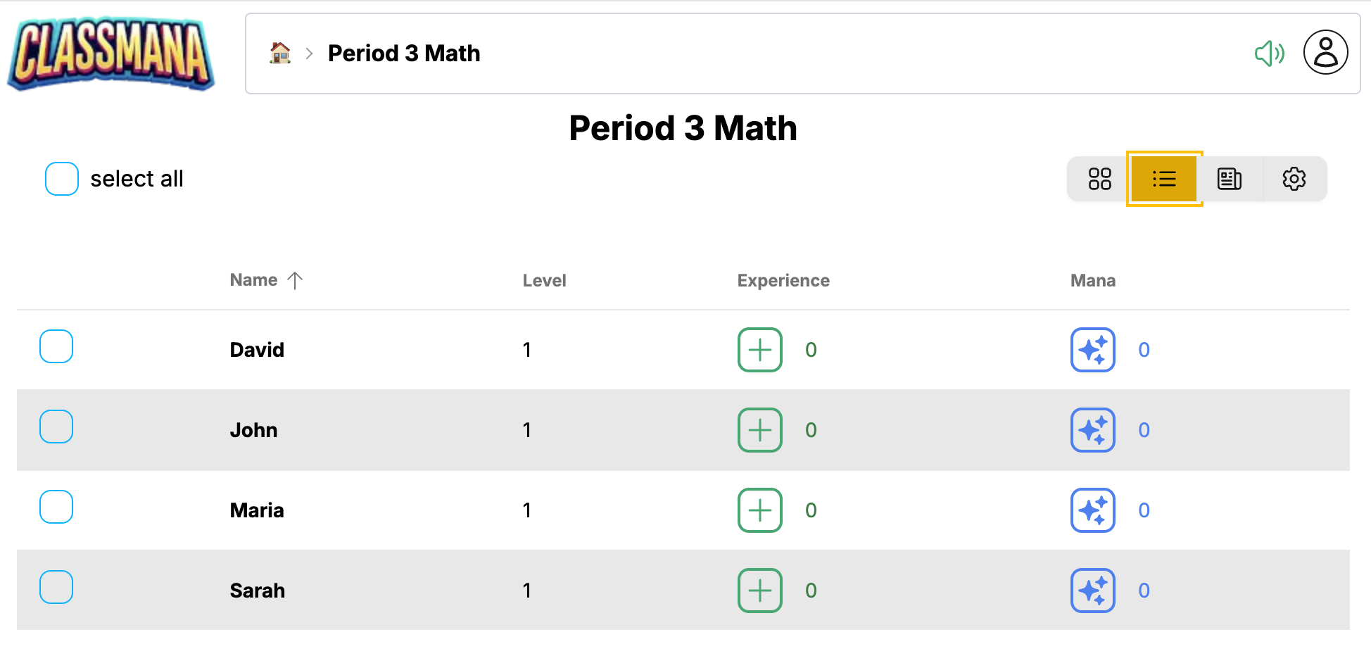 Vista tabella studenti